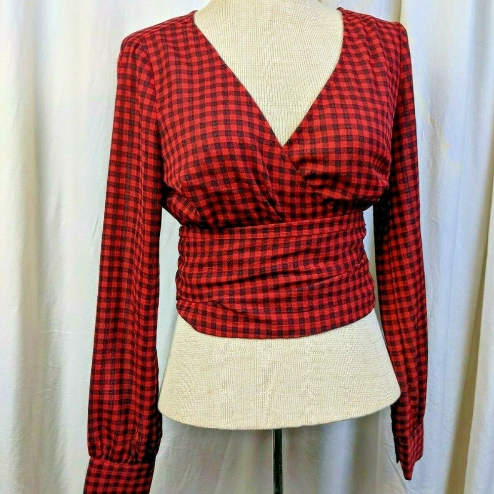 Buffalo Check Wrap Top Long Sleeved Sheer Crop Top
